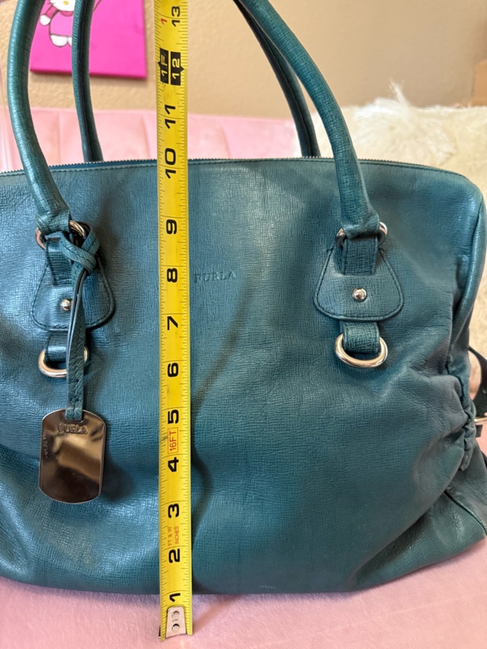 Authentic FURLA Teal Green Leather Satchel Shoulder Bag w Silver Hardware - Picture 8 of 16